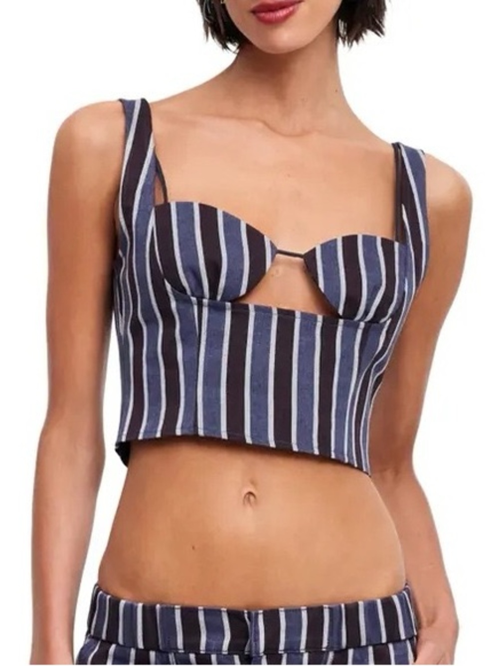 Lioness Odette Navy Stripe Denim Cutout Bustier Crop Top NWT M